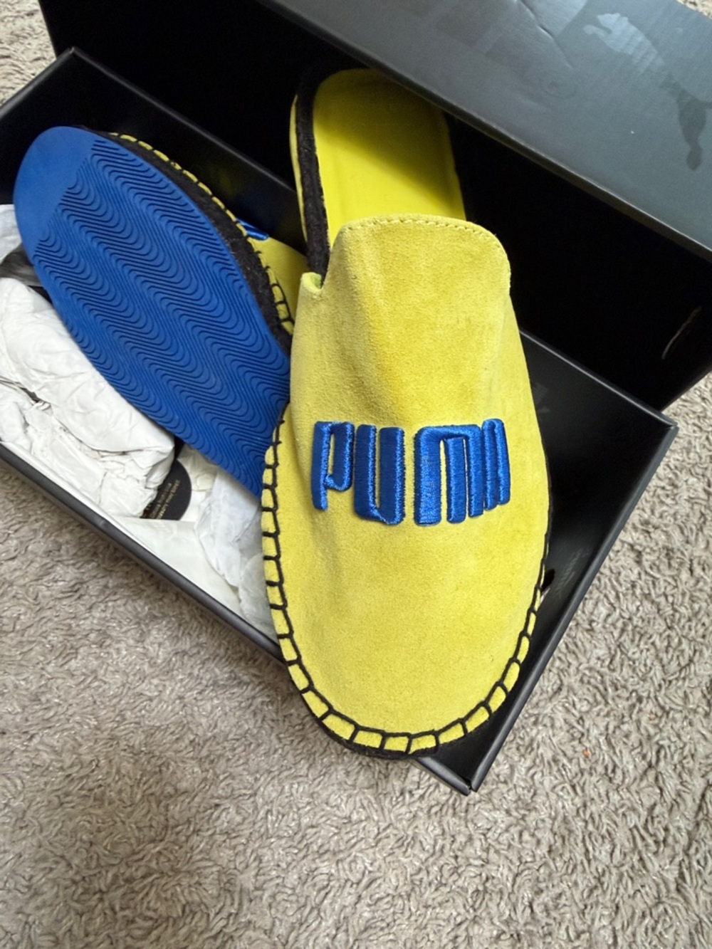 Gently by Rihana Puma Yellow Suede Slip-On Mules with Blue Logo Accents